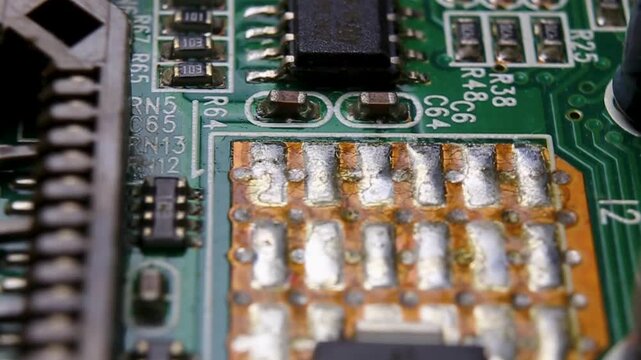 View of a part of an electronic printed circuit board with SMD components, macro video