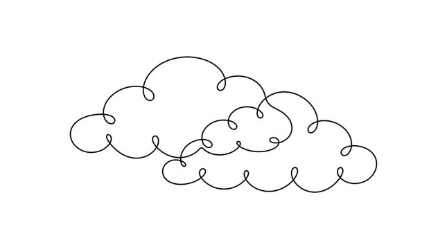Minimalist continuous single line drawing of a fluffy cloud shape isolated on white background with minimalist continuous monochrome