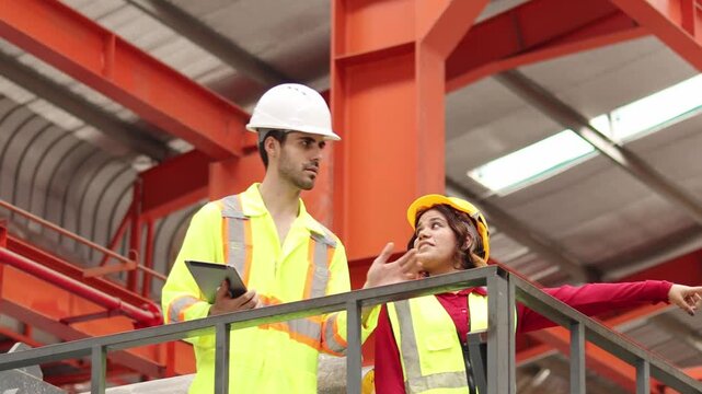 Foreman with helmet hold tablet, discuss about machine maintenance with woman worker with safety vest while inspecting at manufacturing factory. Profession team work together in industrial production.