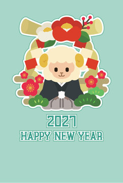 2027年未年のお正月を彩るポップでキュートな年賀状デザイン / Playful and Colorful Japanese New Year Card for 2027 &ndash; Year of the Sheep