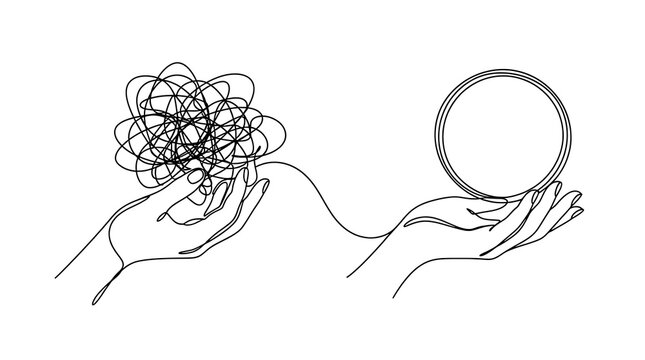 Continuous line art illustration of human hands unraveling a tangled mess into an organized circle with unraveling