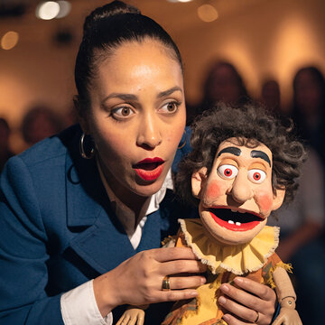 portrait of female ventriloquist during show