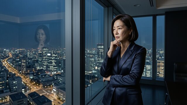 Business - Asian businesswoman looking out the window at city night view