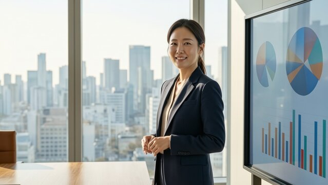 Business - Confident Korean businesswoman presenting data charts in modern office