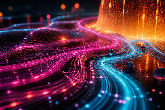 Abstract digital visualization of glowing, flowing lines and energy streams in a dark, futuristic setting.