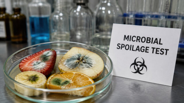 Microbial spoilage test with sliced fruit samples showing mold growth in petri dish beside warning card and laboratory glass bottles for food safety research concept
