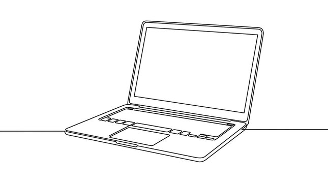 Minimalist continuous single line drawing of an open laptop computer with computer notebook technology minimalist continuous