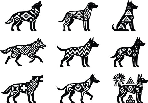 Native american tribal wolf and dog vector silhouette set featuring aztec pattern ornaments, running canines, and indigenous headdress emblems for creative sticker designs
