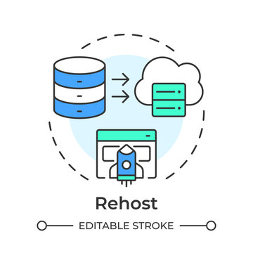 Rehost flat linear concept icon. Legacy system modernization. Agile workload migration. Digital infrastructure. Isolated colorful illustration inside dashed circular frame. Round composition