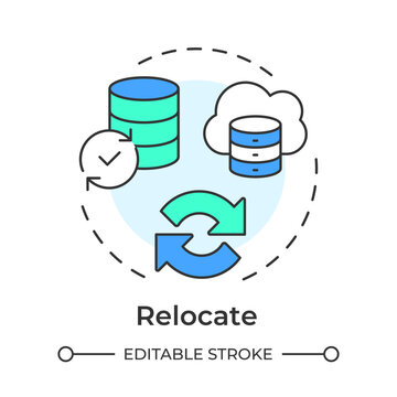 Relocate flat linear concept icon. Seamless digital data migration. Infrastructure transformation initiatives. Isolated colorful illustration inside dashed circular frame. Round composition