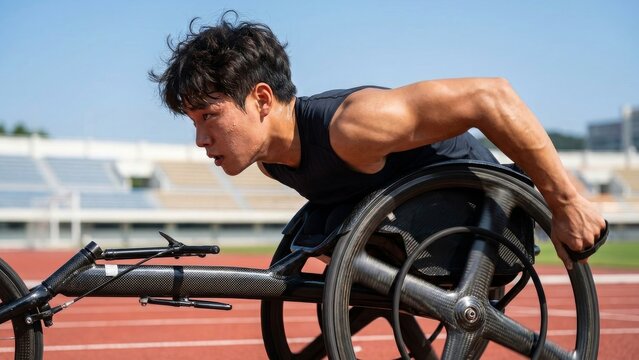 Paralympic - Asian Male Wheelchair Racer Sprinting on Athletic Track with Carbon Fiber Racing Chair