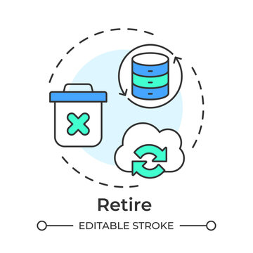 Retire flat linear concept icon. Infrastructure modernization. Data waste management. Information security compliance. Isolated colorful illustration inside dashed circular frame. Round composition