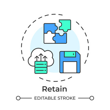 Retain flat linear concept icon. Data preservation strategies. Digital storage solutions. Information backup protocols. Isolated colorful illustration inside dashed circular frame. Round composition