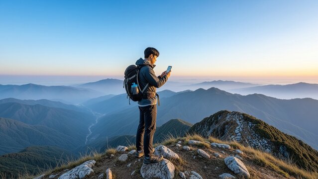 Travel - Asian man hiking on mountain peak looking at smartphone during sunrise