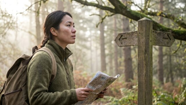 Travel - Asian woman hiker holding a map standing by a wooden signpost in the forest