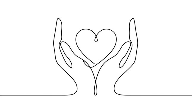 Continuous line drawing of two hands cupped together protecting a heart shape symbolising love and care with protection