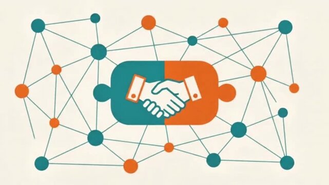 Business partnership motion graphic with interlocking shapes, handshake icon and network nodes