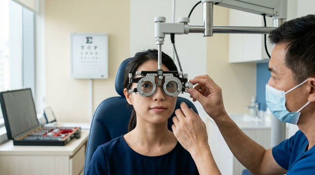 Optometrist examining patient's eyes with trial frame and eye chart
