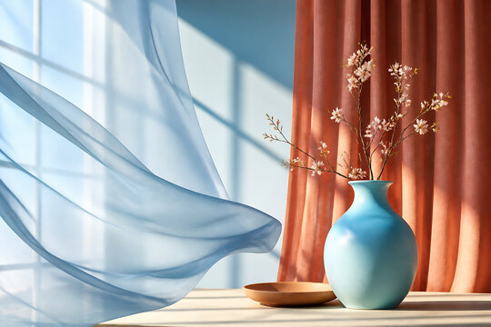A flowing blue curtain drapes near a vase with delicate branches set against warm orange curtains.