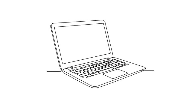 Minimalist hand drawn sketch of a portable laptop computer showing open screen and keyboard layout with computer notebook technology