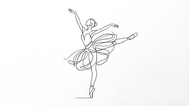 Continuous line drawing of a ballerina dancing in a tutu with ballerina performance movement continuous minimalist illustration