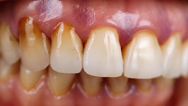 Close-up of teeth with plaque, yellowing, and inflamed gums. Concept of dentistry, hygiene, and oral diseases