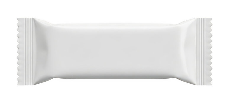 Blank snack bar packaging mockup. White flow pack wrapper for chocolate or protein energy bar.