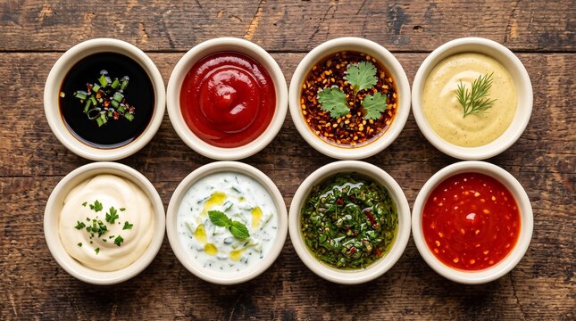 Eight small bowls of various sauces and seasonings on wooden surface