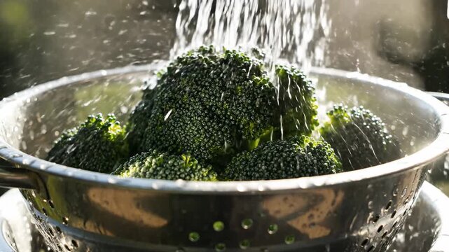 Fresh broccoli is placed in a colander and rinsed with water outside in a backyard. Water sprays over the broccoli, removing dirt and preparing it
