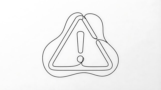 Continuous line drawing of a triangular warning sign with an exclamation mark in the center exclamation triangle attention