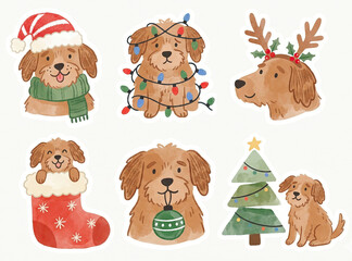 Fototapeta premium Cute Christmas dog stickers. Watercolor puppy set. Festive holiday pet art.