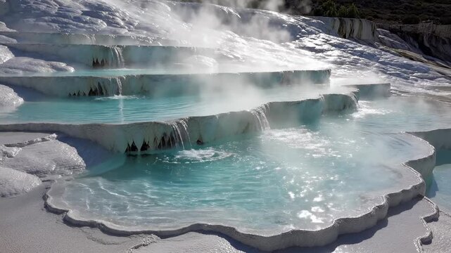 Steam rises from the hot springs at Pamukkale, Turkey. The pools create a stunning view as water cascades down the terraces. Many visitors admire the