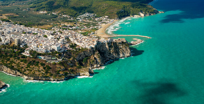 Peschici Gargano Puglia Italy high resolution aerial photo panorama white cliff town turquoise sea adriatic coast world print quality. southern authentic italian town