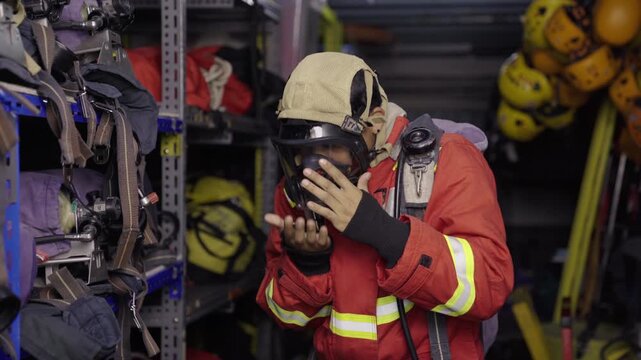 Firefighter equipping full face breathing mask before operation