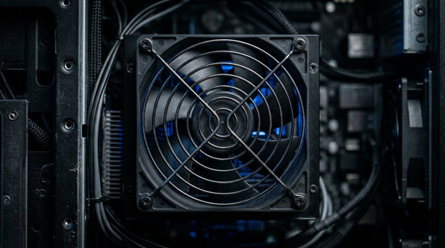 Computer PC fan cooling system inside desktop computer case. Technology.