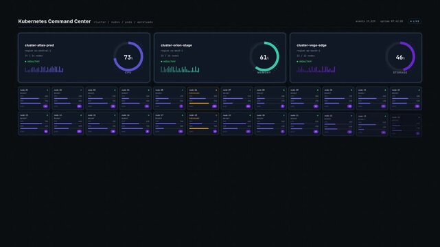 A cinematic 4K dark-mode command center dashboard displaying Kubernetes cluster status, node grid, and live workloads with animated metrics and glowing accents.