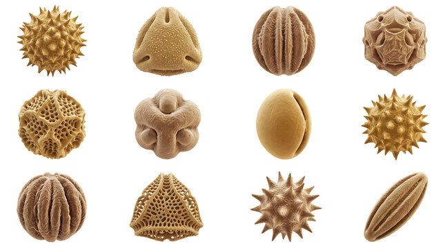 Pollen grains with diverse shapes and microscopic surface textures