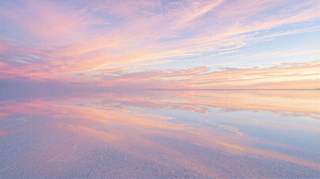 Dreamy pink orange sunset sky reflection over calm tranquil water
