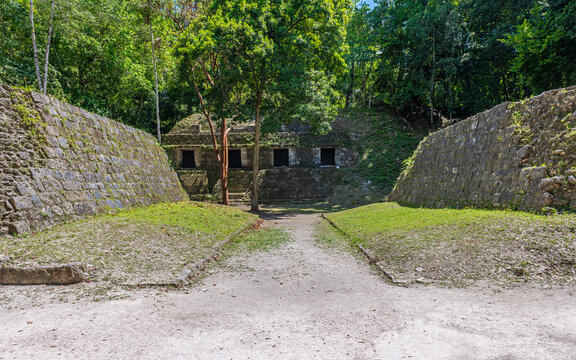 Mayan ritual ball game court in the Peten rainforest, Yaxha, Guatemala.