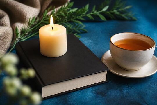 A lit candle rests on a dark book next to a cup of tea, surrounded by greenery on a blue surface.