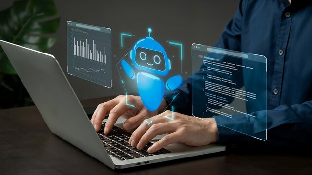 Person using laptop with AI chatbot interface and data analytics on screen