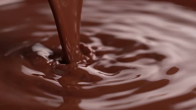 Smooth liquid chocolate pouring and rippling texture close-up macro background molten