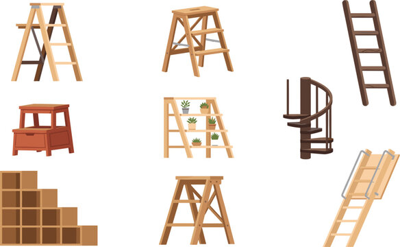 Wooden stairs and ladders vector icon set featuring step stools, spiral staircase, attic ladder, and plant shelf for interior architectural design projects
