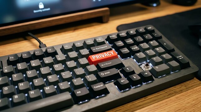 Broken keyboard with privacy key in modern office setting