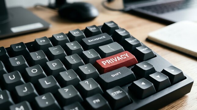Close-up of computer keyboard with red privacy key in modern office
