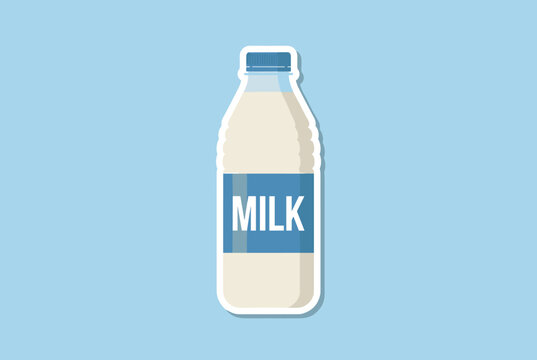 Plastic milk bottle vector illustration sticker with blue cap and label on light blue background