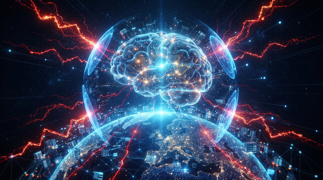 Human brain encased within a protective digital sphere over earth futuristic rendering