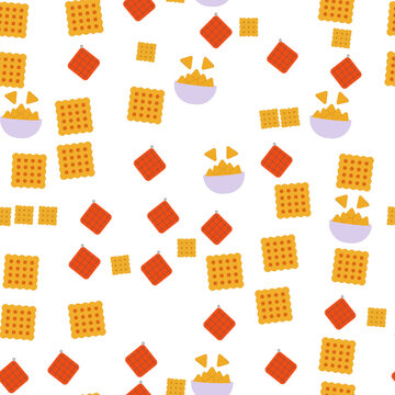 Seamless pattern of crackers, chips, and pot holders