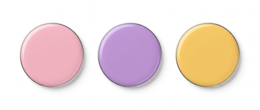 Mockup de bottons redondos lisos em tons past&eacute;is (rosa, lil&aacute;s e amarelo). Template vazio para aplica&ccedil;&atilde;o de logotipo, brindes e design, isolado no fundo branco