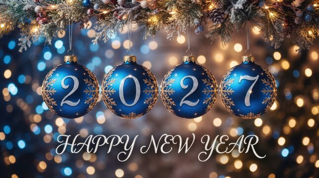 Happy New Year Festive blue christmas baubles with 2027 text and shimmering golden snowflake patterns hanging in front of soft bokeh lights for holidays 2027